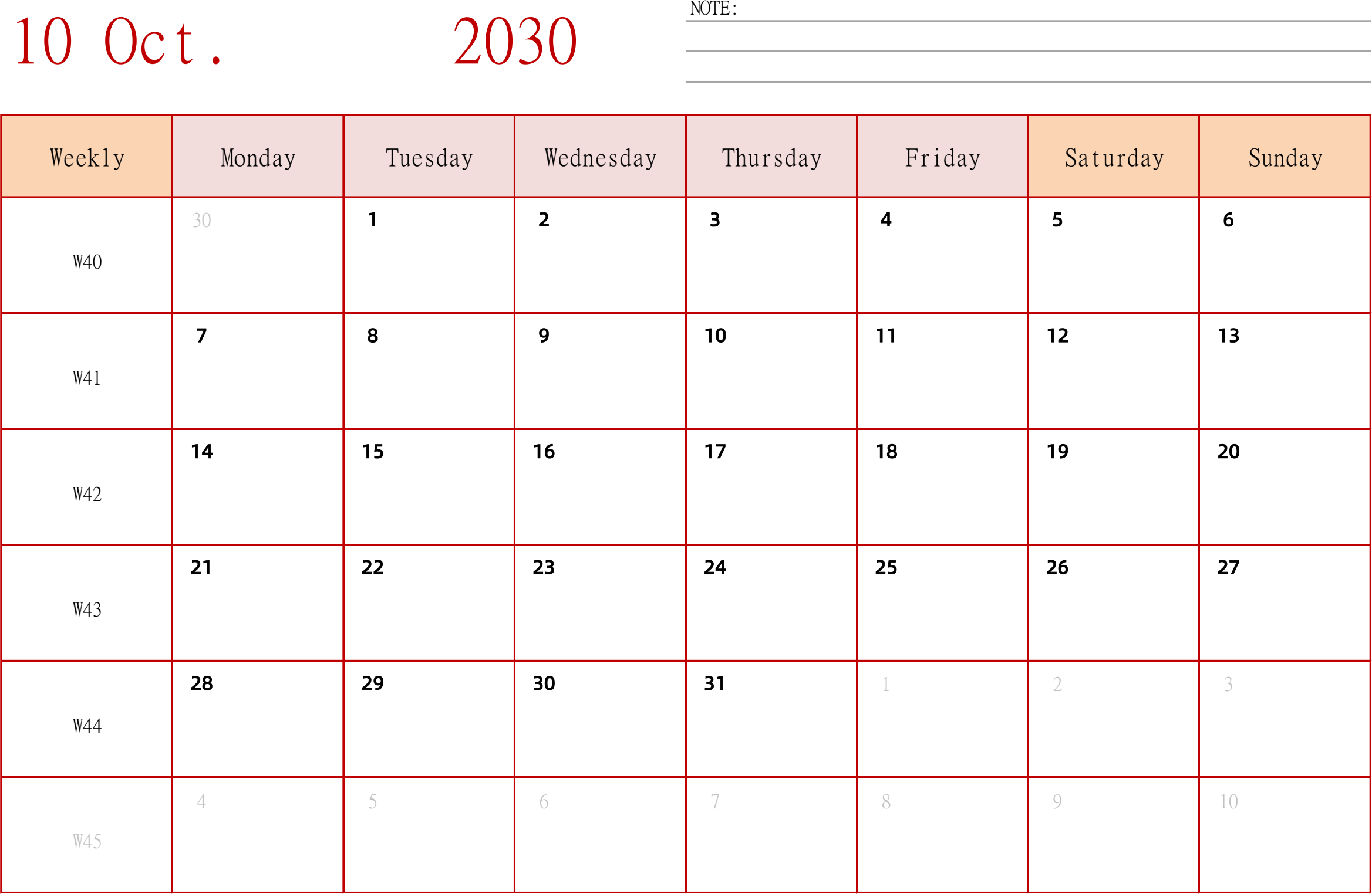 日历表2030年日历 英文版 横向排版 周一开始 带周数